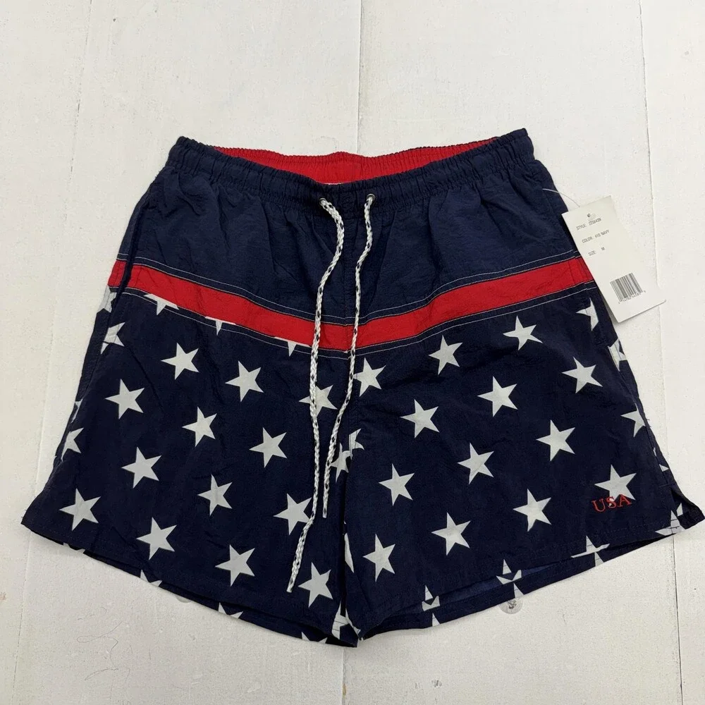Vintage Pure Water USA Swim Shorts Mens M Blue Stars Flag Lined Trunks Patriotic